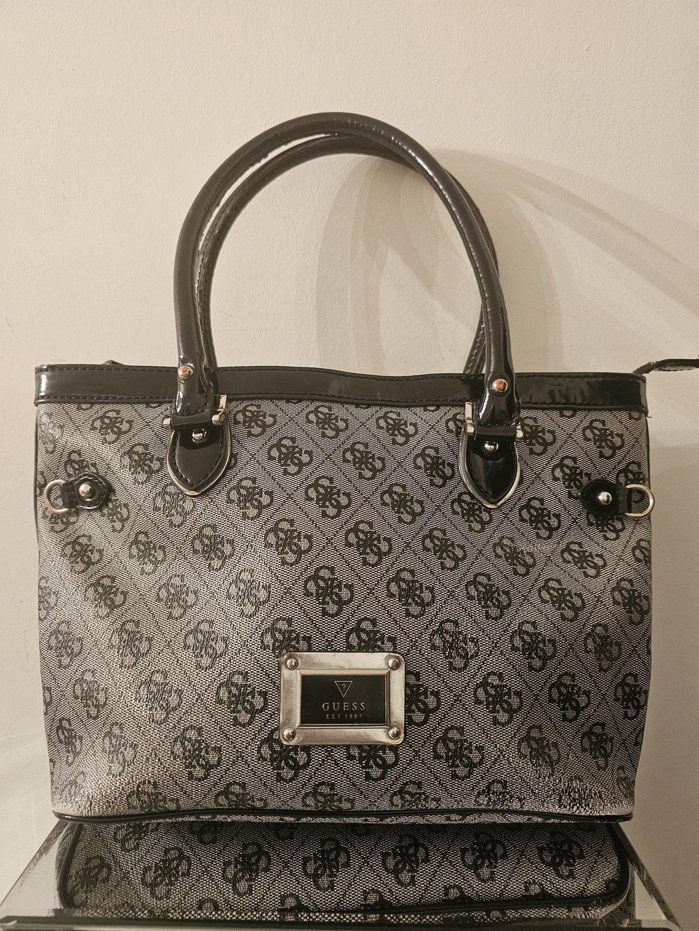 GUESS Black Logo-Print Satchel Handbag